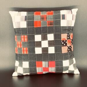 Handmade Accent Throw Pillow 11" Square Nine Patch Black Red White Gift For Her